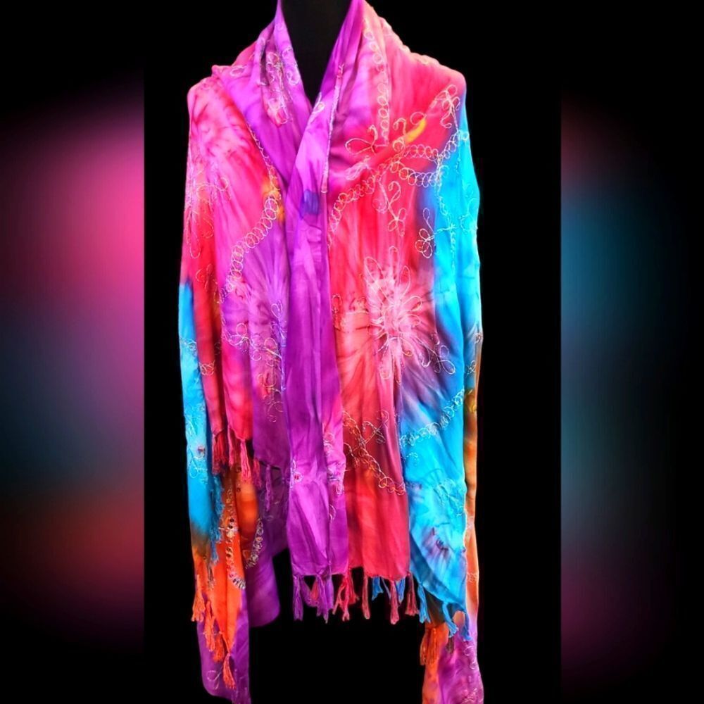 Hand-Made Wrap or Shawl Embroidered‎ Sequined Tie-Dyed Fringe  45" x 65"